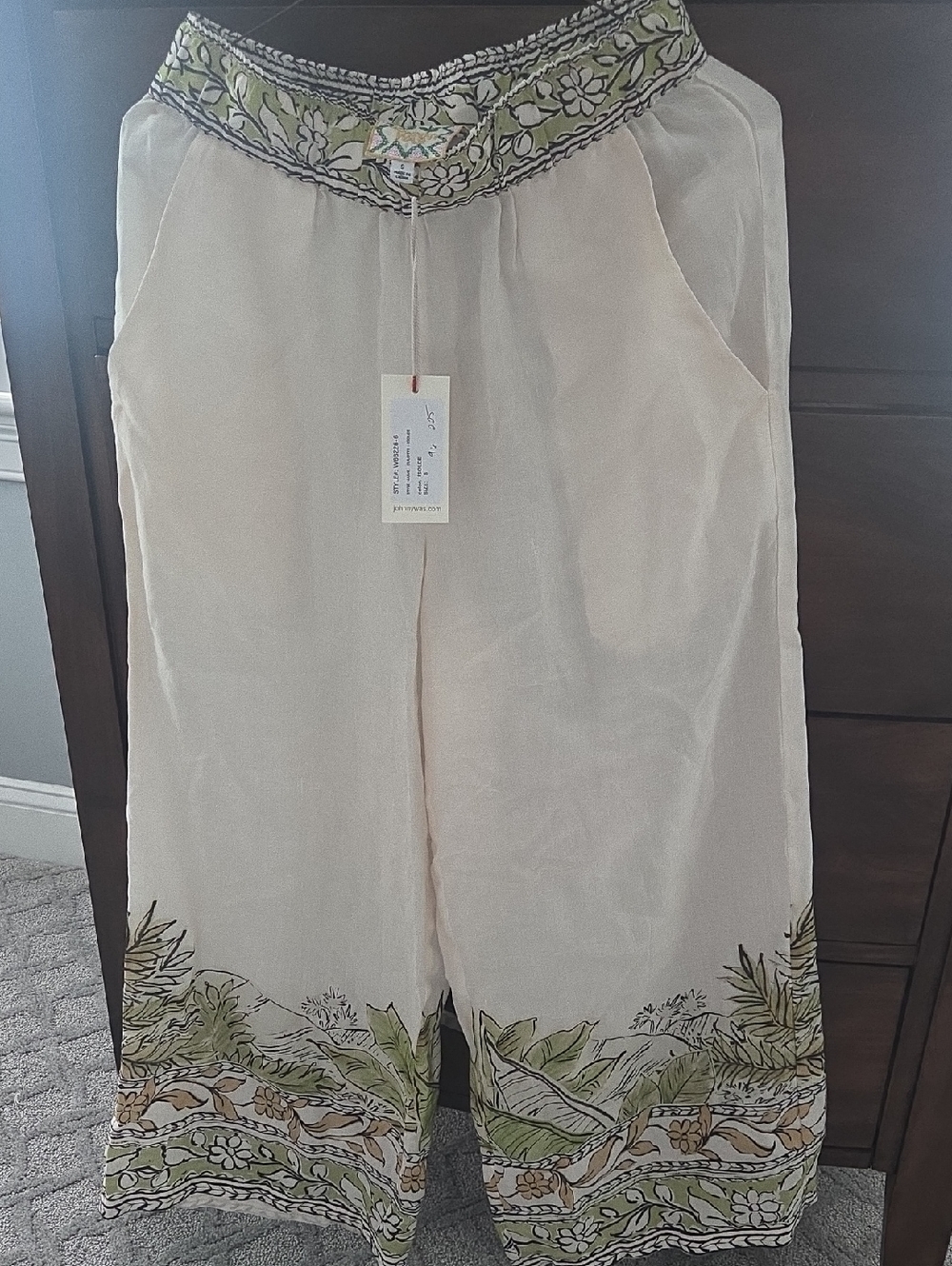 Johnny Was Cream Wide-Leg Pants with Floral Green Trim NWT